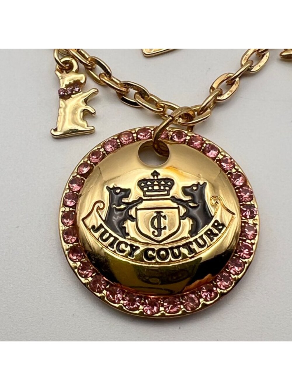 Juicy Couture Charm Necklace Gold-Tone Pink Rhinestone Scottie Cherry Bow Crown - Picture 4 of 10